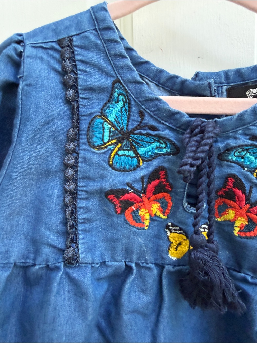 Dollhouse Girls 4 Denim-Blue Embroidered Butterfly Tunic Long Sleeve Blouse Top - Picture 2 of 7